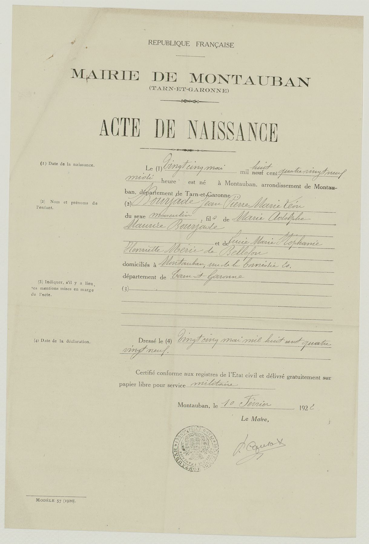 Acte de naissance de Léon Bourjade
