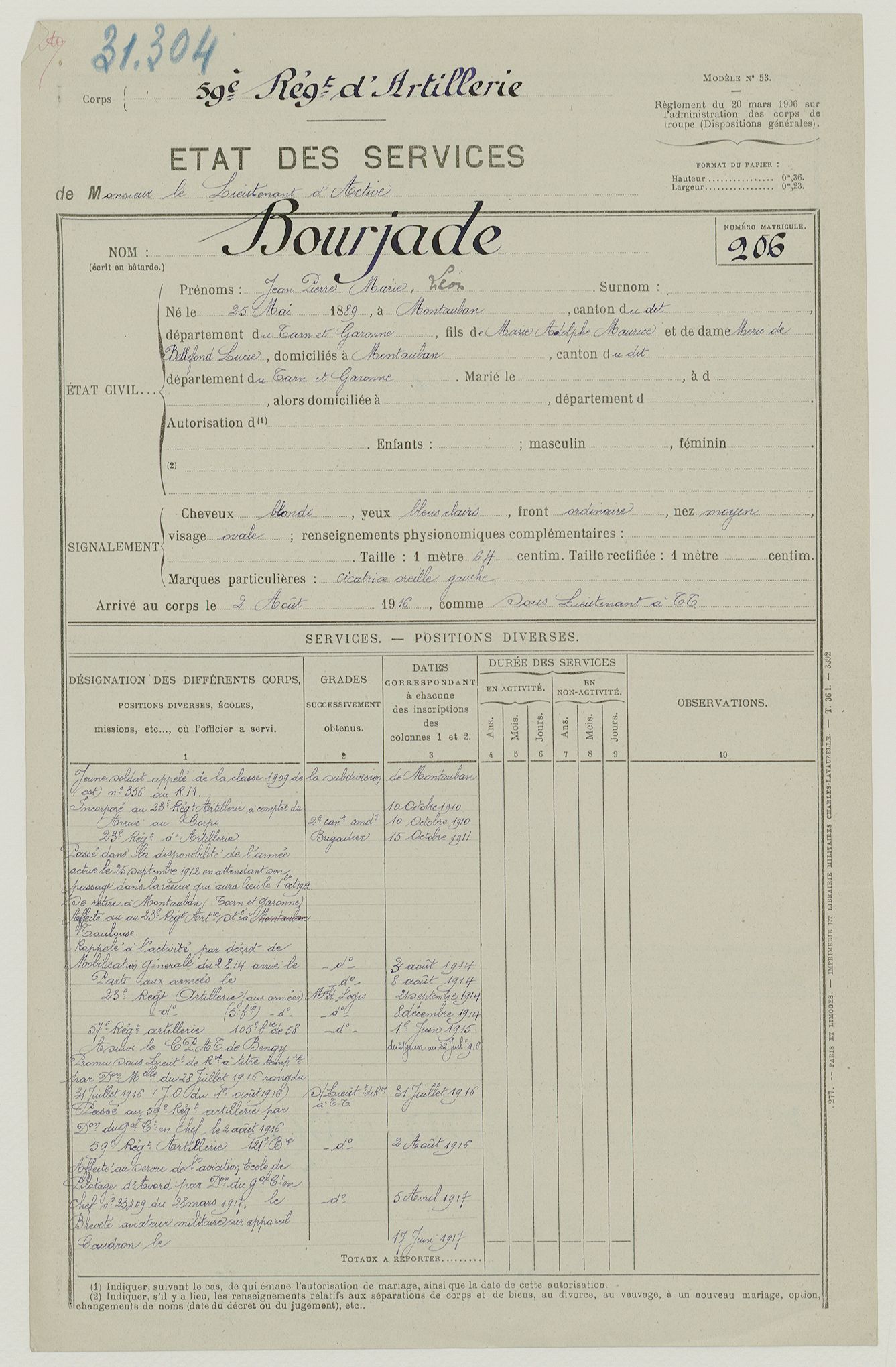 États de service militaire de Léon Bourjade